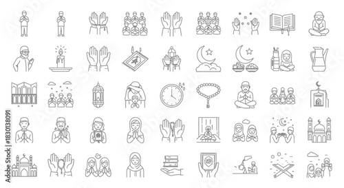 Collection of Islamic Icons and Symbols Representing Religious Practices and Culture. Vector Illustrations. EPS Editable