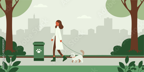 Woman walking dog in park with city skyline background illustration