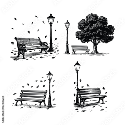 A set of vintage-style woodcut illustrations featuring a park bench and lamppost surrounded by a large tree and falling autumn leaves