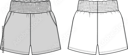 Fashion technical sketch of elastic shirred waistband women's gym sport short pants, front and back view, apparel template vector illustration, flat outline drawing.