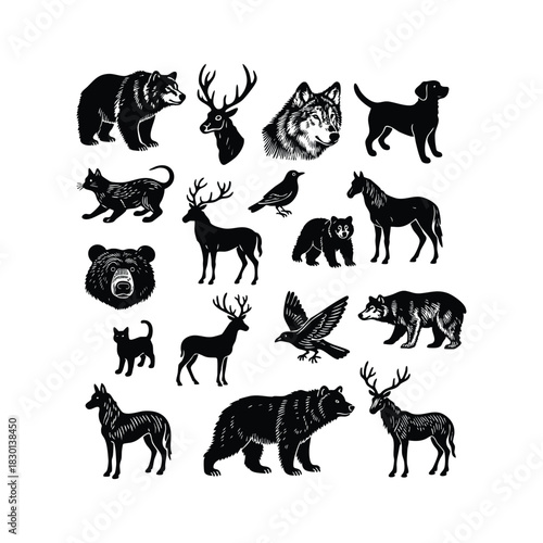 A large collection of bold, black and white vintage-style woodcut illustrations featuring various wild and domestic animals, including bears, deer, wolves, cats, horses, dogs, and birds