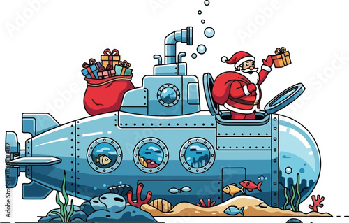 Santa claus driving a blue submarine underwater with gifts isolated on