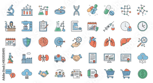 Collection of Medical and Science Icons for Healthcare and Research. Vector Illustrations. EPS Editable