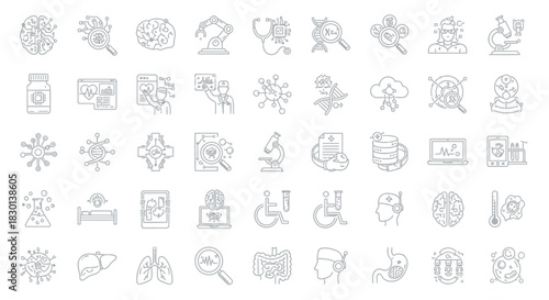 Collection of Medical and Science Icons Representing Health and Research. Vector Illustrations. EPS Editable