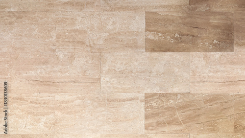 Beige polished and glossy travertine tile floor texture. Natural stone rectangular slab for interior surface background. Elegant modern tan porcelain tiles, veined slabs, home decor, interior design. 