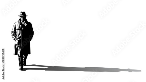 Silhouette of a man in a fedora and trench coat walking with a long shadow vector