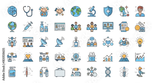 Collection of Medical and Science Icons Representing Healthcare and Research. Vector Illustrations. EPS Editable