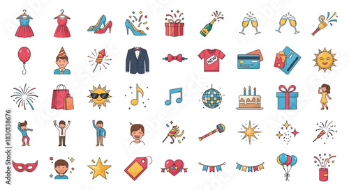 Collection of Party and Celebration Icons for Festive Events. Vector Illustrations. EPS Editable