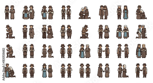 Collection of Pixel Art Characters in Historical Western Clothing. Vector Illustrations. EPS Editable