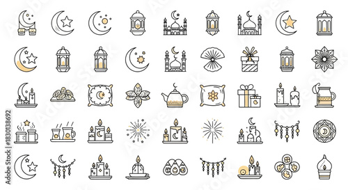 Collection of Ramadan and Islamic Holiday Icons and Symbols. Vector Illustrations. EPS Editable