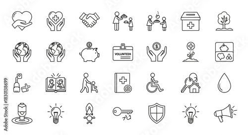 Collection of Line Icons Representing Charity Health and Community Support. Vector Illustrations. EPS Editable