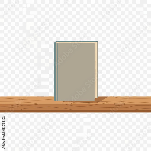 A closed book rests on a wooden shelf.