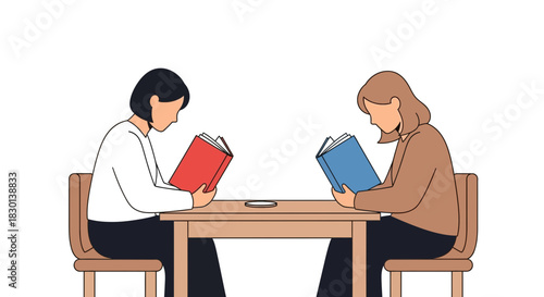 Two people sitting at a table reading books.