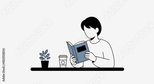 Person reading a book with a plant and coffee cup.