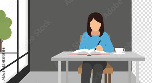 Person writing in book at table with coffee cup and tree outside.