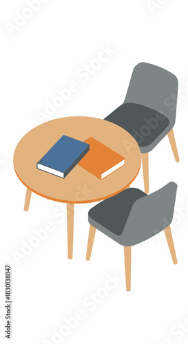 Round table with two chairs and two books.