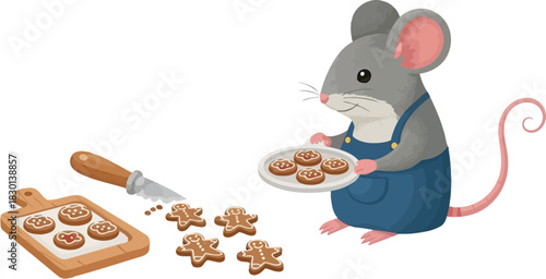 Cute mouse in overalls holding a plate of gingerbread cookies isolated on