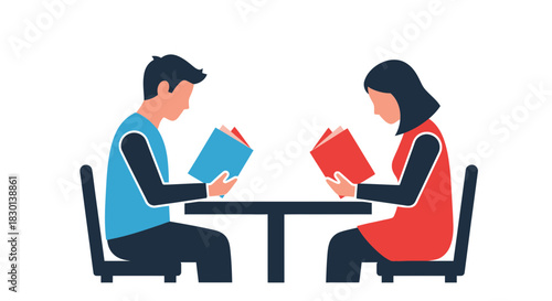 Two people sit at a table reading books.