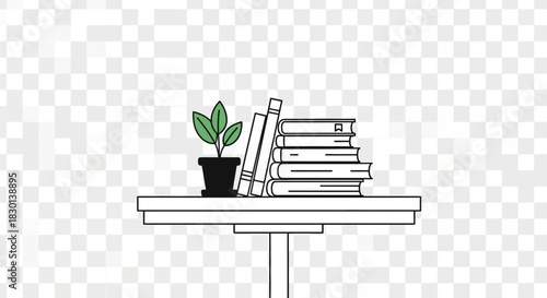 Stack of books and potted plant on a table.