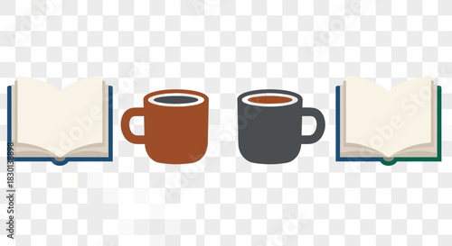 Two open books flank two coffee cups.