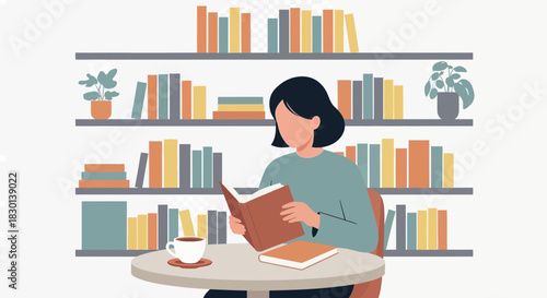 Woman reading a book with coffee and books on shelves.