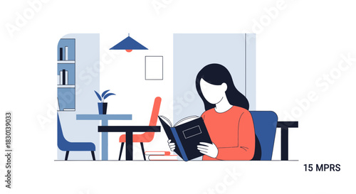 Person reading a book in a room with furniture and a plant.