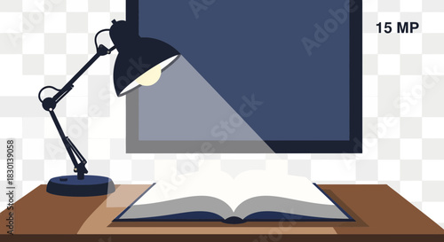 Desk with lamp, open book, and screen.