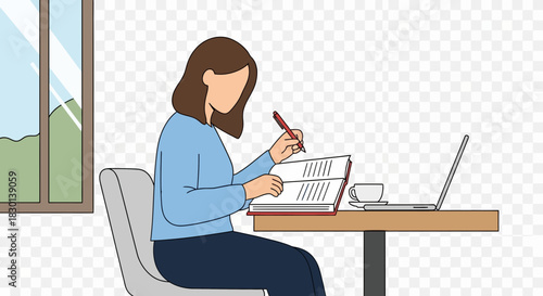 Person writing in book at desk with laptop and coffee.