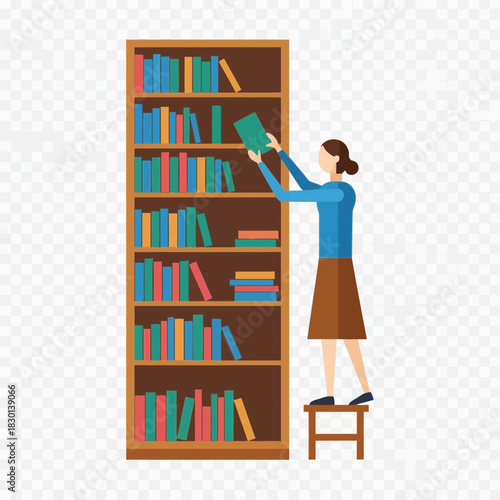 Woman on stool selects book from tall bookshelf.