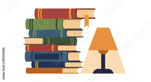 Stack of books with a lamp casting light.