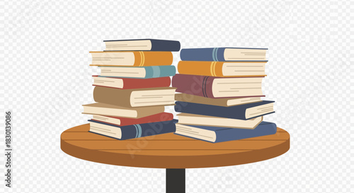 Stacks of colorful books on a round wooden table.