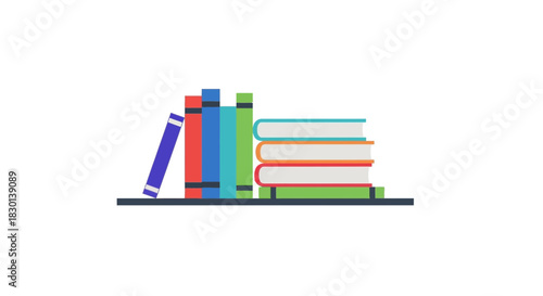 Stacked and standing books on a shelf.