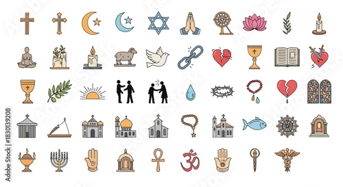 Collection of Religious and Spiritual Symbols Icons Vector Illustration. Vector Illustrations. EPS Editable
