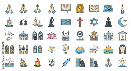 Collection of Religious and Spiritual Symbols Icons Set. Vector Illustrations. EPS Editable