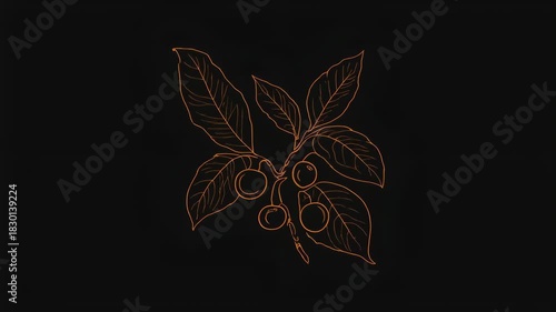 Outlined illustration of a plant with leaves and berries on a black background