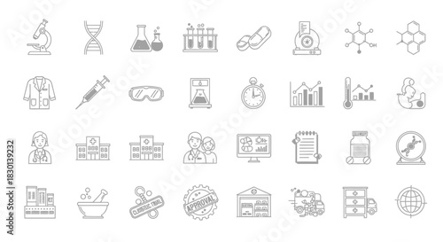Collection of Science and Medical Icons for Research and Innovation. Vector Illustrations. EPS Editable