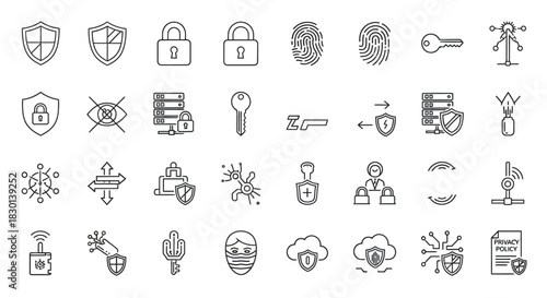 Collection of Security and Technology Icons for Digital Protection and Data Safety. Vector Illustrations. EPS Editable