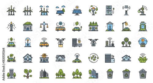 Collection of Smart City and Green Technology Icons for Sustainable Urban Development. Vector Illustrations. EPS Editable