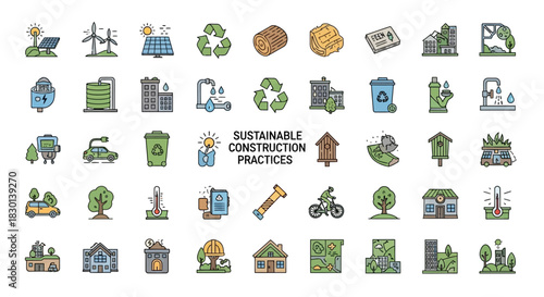 Collection of Sustainable Construction Practices Icons and Symbols. Vector Illustrations. EPS Editable