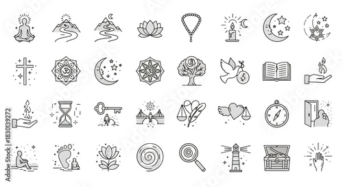 Collection of Spiritual and Abstract Icons Representing Concepts. Vector Illustrations. EPS Editable