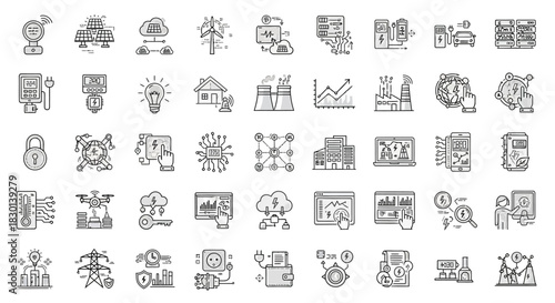 Collection of Technology and Business Icons Representing Digital Concepts. Vector Illustrations. EPS Editable