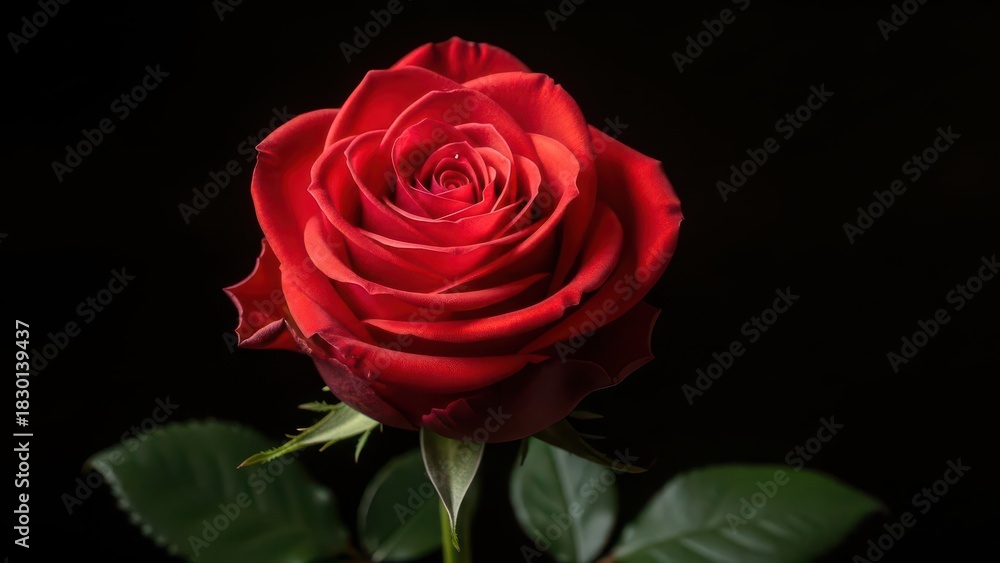 Naklejka premium Single red rose with dark background and green leaves