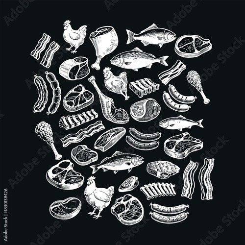 A comprehensive collection of detailed vintage-style illustrations featuring various cuts of meat, seafood, and poultry, including steaks, sausages, bacon, chicken legs, ribs, and whole fish