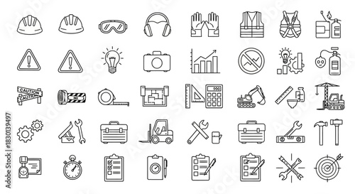 Set of Construction and Safety Icons for Industry and Engineering Projects. Vector Illustrations. EPS Editable