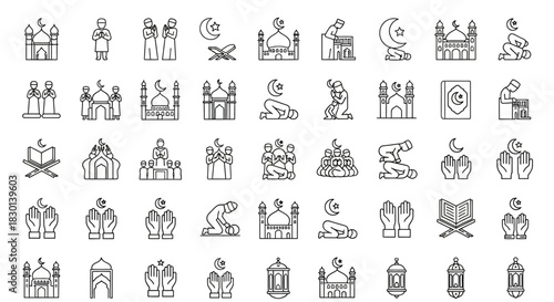 Islamic Icons Collection Mosques Prayer Quran Crescent Moon Symbols. Vector Illustrations. EPS Editable