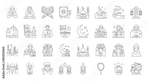 Islamic Icons Collection Ramadan Eid Mosques Prayer Quran and Lanterns. Vector Illustrations. EPS Editable