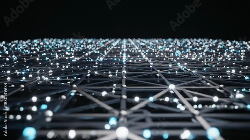 Abstract digital network structure with connected nodes and lines against black background