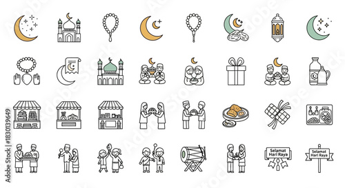 Ramadan Icons Set Islamic Symbols Mosques Food and People Celebrating. Vector Illustrations. EPS Editable