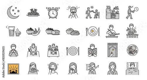Ramadan Icons Set Fasting Prayer Food and Community. Vector Illustrations. EPS Editable