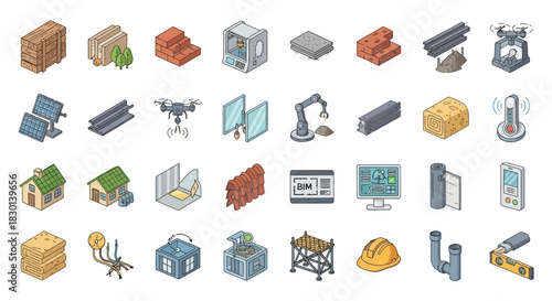 Isometric Icons Representing Construction Industry and Technology Elements. Vector Illustrations. EPS Editable